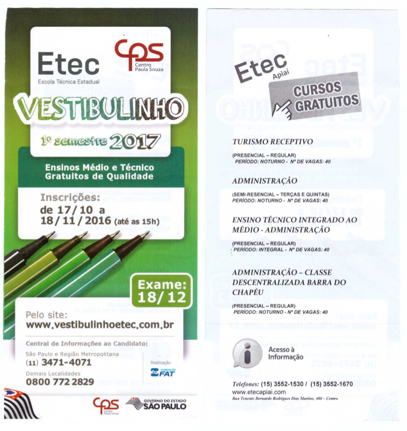 ETEC inicia hoje, 20, as inscrições para o Vestibulinho 1º